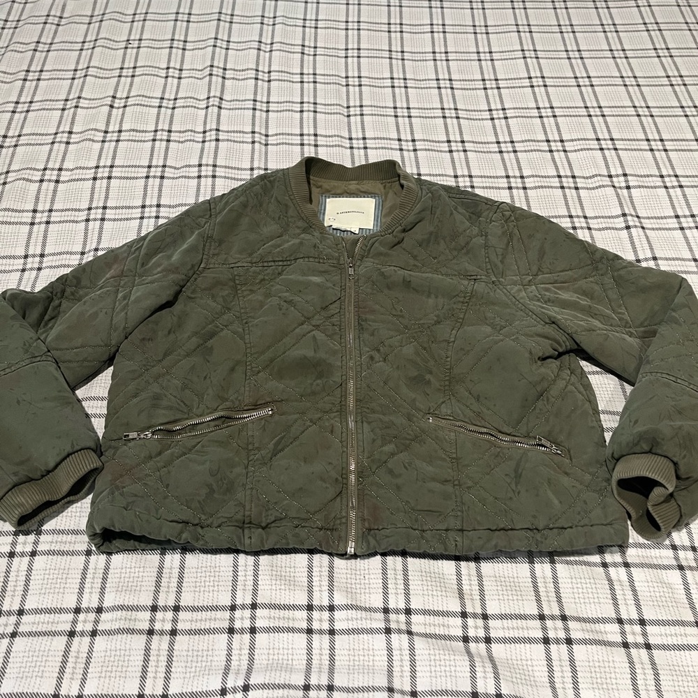 Anthropologie Olive Green Quilted Bomber Jacket Full Zip Utility Coat Womens LP
